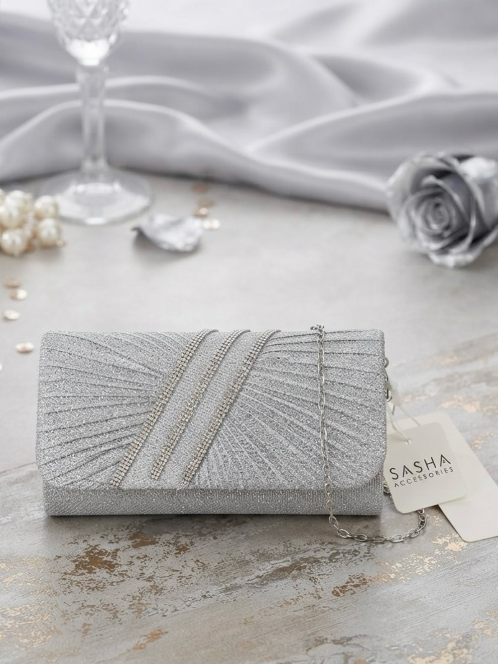 Sasha Accessories Silver Glitter Evening Clutch with Chain